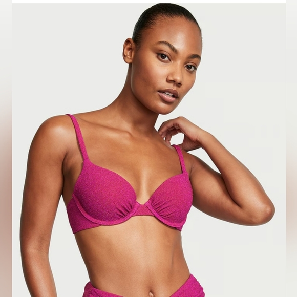 NWT Hot Pink Victoria's Secret Swim Shimmer lcon Push-Up Bikini Top - Picture 2 of 13